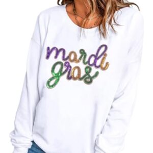 Ecosunny Moletom feminino casual de carnaval com estampa de lantejoulas, gola redonda, manga comprida, pulôver solto, B-Mardi Gras-gráfico, G
