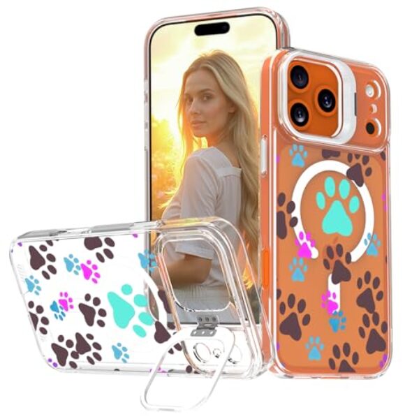 Ecute Capa protetora magnética forte e fina (compatível com MagSafe) com suporte de anel de câmera para iPhone 17 Pro - pata de cachorro colorida