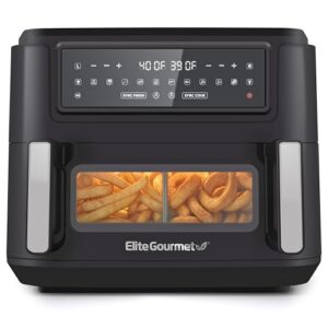 Elite Gourmet EAF1055D Forno fritadeira de ar de zona dupla, capacidade com divisor, acabamento SYNC, 10 funções pré-estabelecidas, assar, assar, fritar ao ar, torrar, desidratar,