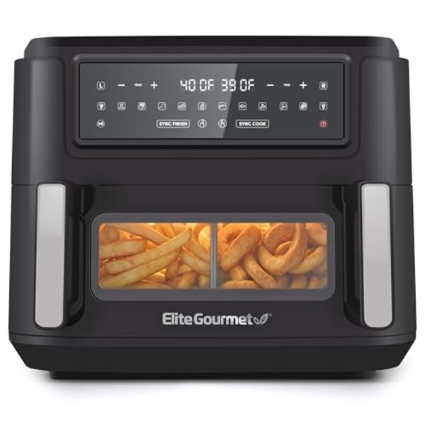 Elite Gourmet EAF1055D Forno fritadeira de ar de zona dupla, capacidade com divisor, acabamento SYNC, 10 funções pré-estabelecidas, assar, assar, fritar ao ar, torrar, desidratar,