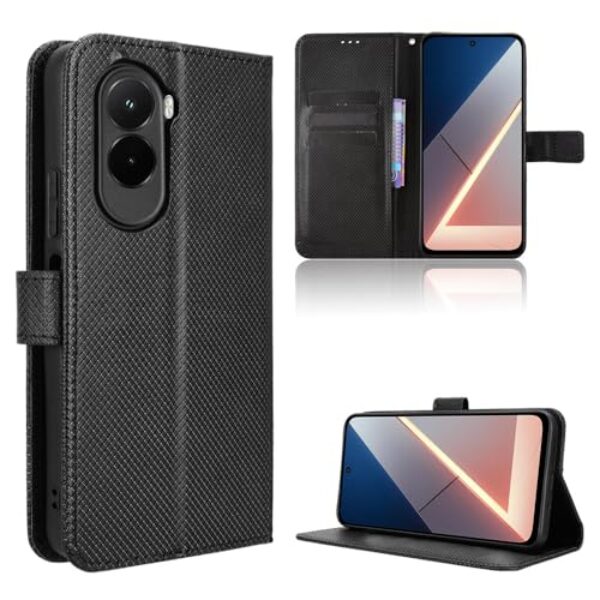 Elubugod Capa de couro compatível com Xiaomi Poco M7 4G (169 mm), capa flip de couro PU compatível com Xiaomi Poco M7 4G (169 mm) capa preta