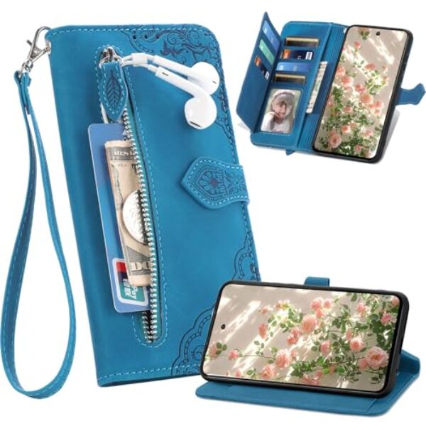 Ephoou Capa carteira para Xiaomi Redmi 15C com 7 porta-cartões e bolso com zíper, capa flip de couro PU à prova de choque com alça de pulso, suporte e fecho magnético para Redmi 15C 5G SZY-azul