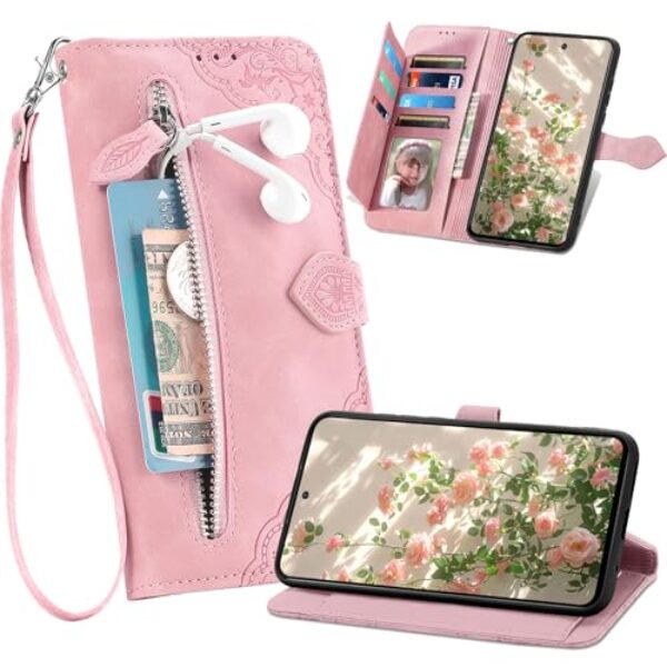 Ephoou Capa carteira para Xiaomi Redmi A5 com porta-cartões e bolso com zíper, capa flip de couro PU à prova de choque com alça de pulso e suporte e fecho magnético para Redmi A5 4G SZY-rosa