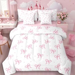 Erosebridal Conjunto de edredom de laço rosa tamanho Queen (7 peças) | Jogo de cama com laço fofo para meninas adolescentes com lençol de cima e lençol de baixo moderno conjunto de colcha de coquete