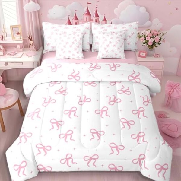 Erosebridal Conjunto de edredom de laço rosa tamanho Queen (7 peças) | Jogo de cama com laço fofo para meninas adolescentes com lençol de cima e lençol de baixo moderno conjunto de colcha de coquete