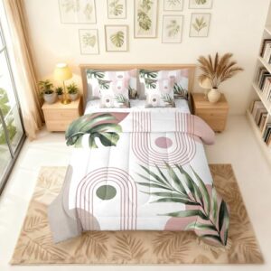Erosebridal Conjunto de edredom King boêmio verde rosa com lençóis, folhas tropicais abstratas de meados do século, conjunto de cama com arco geométrico minimalista moderno em uma bolsa, boêmio