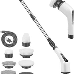 Escovão Elétrico Giratório com 7 Escovas Intercambiáveis – Ideal para Limpeza Pesada de Azulejos, Banheiras, Janelas e Piso