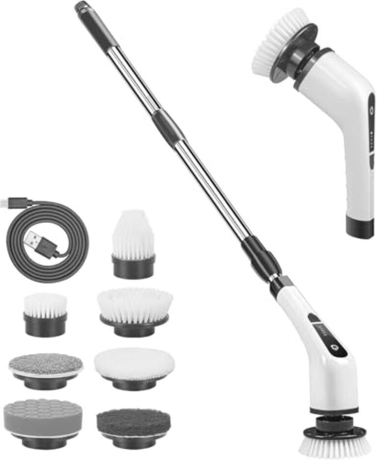 Escovão Elétrico Giratório com 7 Escovas Intercambiáveis – Ideal para Limpeza Pesada de Azulejos, Banheiras, Janelas e Piso