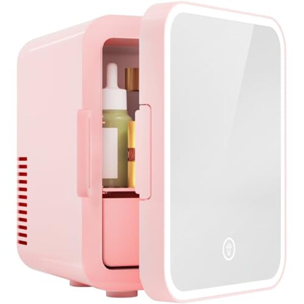EUHOMY Mini frigorífico, frigorífico pequeno de 5 l AC/DC com espelho LED regulável, refrigerador portátil e aquecedor para cuidados com a pele, cosméticos, bebidas, mini frigorífico de maquilhagem de