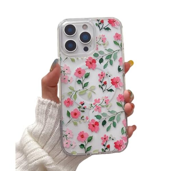 EYZUTAK Capa magnética para iPhone 16e com flores compatível com MagSafe, bonita floral elegante estética capa protetora fina transparente antiamarelamento para meninas e mulheres - rosa vermelha