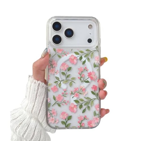 EYZUTAK Capa magnética para iPhone Air, capa de flor compatível com MagSafe, bonita floral elegante e estética capa protetora fina transparente antiamarelamento para meninas e mulheres - rosa Sakura