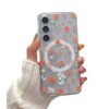 EYZUTAK Capa magnética para Samsung Galaxy A15 4G/5G com flores compatível com MagSafe, capa protetora transparente antiamarelamento para meninas e mulheres - laranja