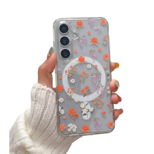 EYZUTAK Capa magnética para Samsung Galaxy A15 4G/5G com flores compatível com MagSafe, capa protetora transparente antiamarelamento para meninas e mulheres - laranja