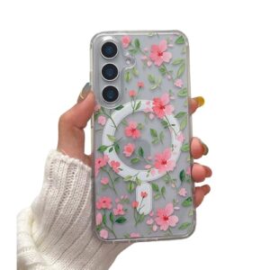 EYZUTAK Capa magnética para Samsung Galaxy A35 5G/A55 5G capa de flor compatível com MagSafe, bonita floral estética capa protetora transparente antiamarelamento para meninas e mulheres - rosa