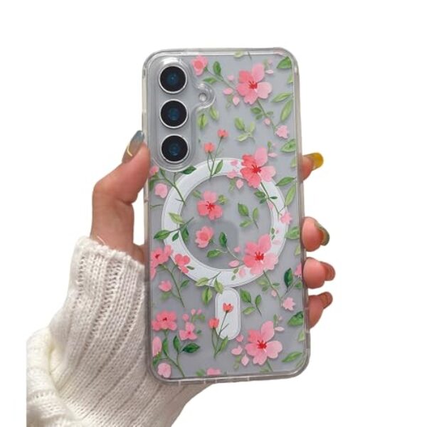 EYZUTAK Capa magnética para Samsung Galaxy A35 5G/A55 5G capa de flor compatível com MagSafe, bonita floral estética capa protetora transparente antiamarelamento para meninas e mulheres - rosa