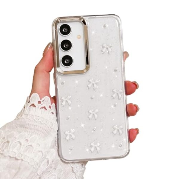 EYZUTAK Capa para Samsung Galaxy A55 5G, capa de telefone com laço 3D com glitter fofo e brilhante laço transparente design estético capa protetora fina macia durável TPU transparente para mulheres