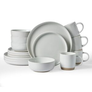 Famiware Conjunto de louça Milkyway com canecas, serviço para 4 (16 peças), conjuntos de pratos e tigelas de grés canelados, resistente a lascas e arranhões, seguro para micro-ondas e lava-louças