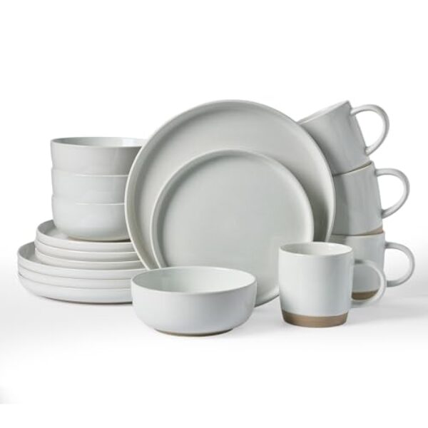 Famiware Conjunto de louça Milkyway com canecas, serviço para 4 (16 peças), conjuntos de pratos e tigelas de grés canelados, resistente a lascas e arranhões, seguro para micro-ondas e lava-louças