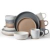 Famiware Conjunto de louça Milkyway com canecas, serviço para 4 (16 peças), conjuntos de pratos e tigelas de grés canelados, resistente a lascas e arranhões, seguro para micro-ondas e lava-louças