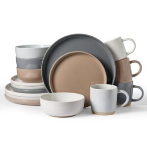 Famiware Conjunto de louça Milkyway com canecas, serviço para 4 (16 peças), conjuntos de pratos e tigelas de grés canelados, resistente a lascas e arranhões, seguro para micro-ondas e lava-louças