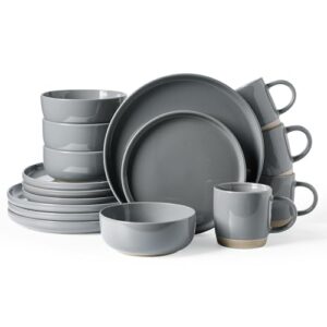 Famiware Conjunto de louça Milkyway com canecas, serviço para 4 (16 peças), conjuntos de pratos e tigelas de grés canelados, resistente a lascas e arranhões, seguro para micro-ondas e lava-louças