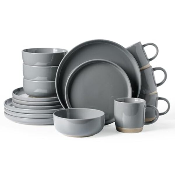 Famiware Conjunto de louça Milkyway com canecas, serviço para 4 (16 peças), conjuntos de pratos e tigelas de grés canelados, resistente a lascas e arranhões, seguro para micro-ondas e lava-louças