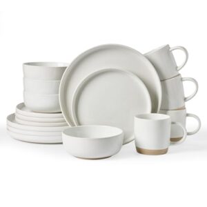 Famiware Conjunto de louça Milkyway com canecas, serviço para 4 (16 peças), conjuntos de pratos e tigelas de grés canelados, resistente a lascas e arranhões, seguro para micro-ondas e lava-louças