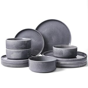 Famiware Conjunto de pratos e tigelas Annecy, conjunto de 12 peças de louça, para micro-ondas e lava-louças, resistente a lascas e arranhões, azul escuro