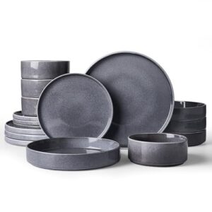 Famiware Conjunto de pratos e tigelas Annecy, serviço para 4 (16 peças), conjuntos de louça com tigelas de macarrão, conjunto de pratos para micro-ondas e lava-louças, resistente a lascas e arranhões