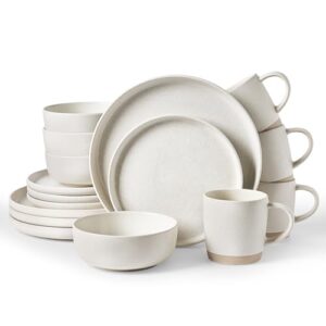 Famiware Conjuntos de louça de grés Milkyway com canecas, serviço para 4 (16 peças), conjuntos de pratos e tigelas de esmalte reativo, conjunto de pratos para micro-ondas e lava-louças, bege fosco