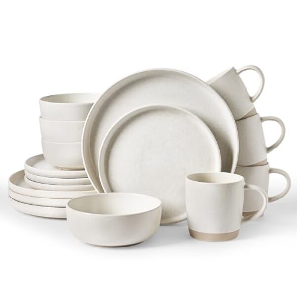 Famiware Conjuntos de louça de grés Milkyway com canecas, serviço para 4 (16 peças), conjuntos de pratos e tigelas de esmalte reativo, conjunto de pratos para micro-ondas e lava-louças, bege fosco