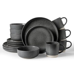 Famiware Conjuntos de louça de grés Milkyway com canecas, serviço para 4 (16 peças), conjuntos de pratos e tigelas de esmalte reativo, conjunto de pratos para micro-ondas e lava-louças, carvão escuro