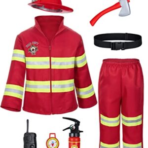 Fantasia infantil de bombeiro com acessórios completos para meninos e meninas, aniversário, festa de Halloween, Vermelho, 6-7 Years