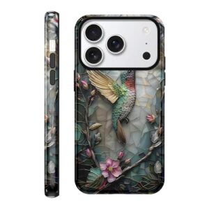 FBHGLOA Capa para iPhone 17 Pro Max de 16,9 cm linda capa de telefone de vidro manchado floral beija-flor floral vintage pássaro rosa padrão camada dupla capa dura + proteção de silicone à prova de