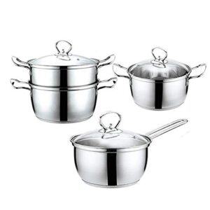 FENOKD Conjunto de panelas e frigideiras de aço inoxidável de 3 peças, seguro para indução, panela, caçarola, pote de leite, com tampa de vidro, alça confortável, adequado para fogão a gás e indução