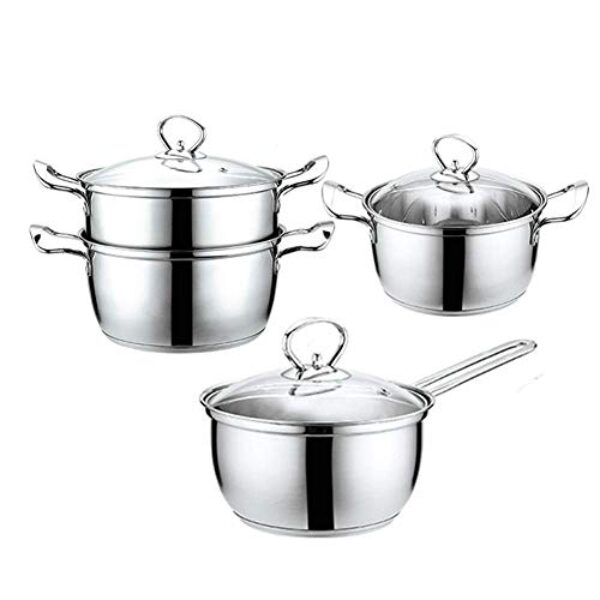 FENOKD Conjunto de panelas e frigideiras de aço inoxidável de 3 peças, seguro para indução, panela, caçarola, pote de leite, com tampa de vidro, alça confortável, adequado para fogão a gás e indução