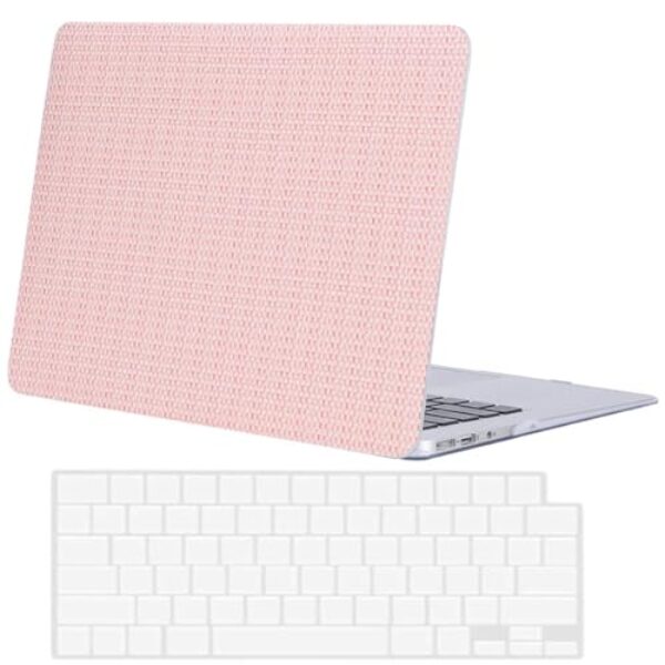 FFBOFFC Capa rígida compatível com MacBook Air 13 polegadas 2020 2019 2018 versão A2337 A2179 A1932 com tela retina e Touch ID, capa de laptop de couro tecido e película de teclado, rosa palha