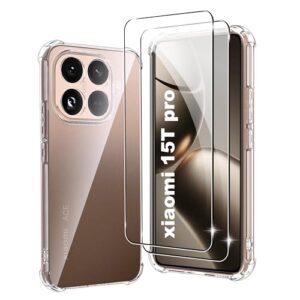 Fhyeugfy Capa para Xiaomi 15T Pro com [pacote com 2] protetor de tela de vidro temperado, TPU transparente, canto reforçado à prova de choque, antiarranhões