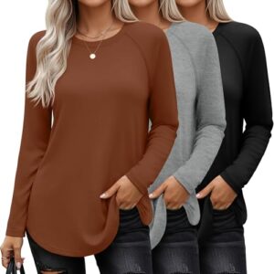 Ficerd Pacote com 3 camisetas femininas de manga comprida, gola redonda, manga raglã casual, caimento solto, bainha curvada com divisão lateral, Preto, cinza claro mesclado, caramelo, XGG