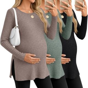 Ficerd Pacote com 3 camisetas femininas para gestantes, camisetas femininas caneladas, manga comprida, gola redonda, fenda lateral, túnica para grávidas, Preto, verde militar, café, GG