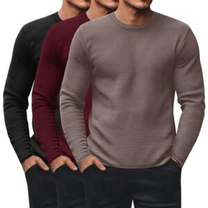 Ficerd Pacote com 3 camisetas masculinas de manga comprida, gola redonda, roupa íntima térmica, pulôver casual, camisetas de malha, Preto, vinho, cinza e verde, GG