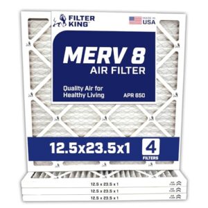 Filter King Filtro de ar 12,5 x 23,5 x 1 | Pacote com 4 | Filtros de forno A/C plissados MERV 8 HVAC | Feito nos EUA | Tamanho real: 12,5 x 23,5 x 1,90 cm