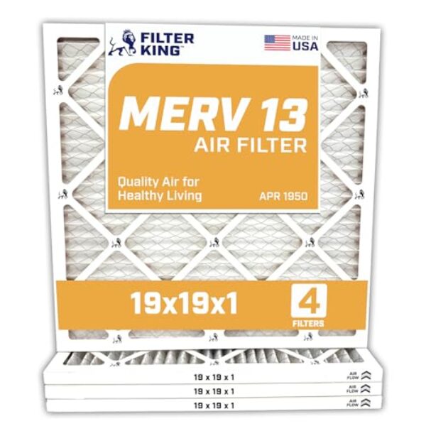 Filter King Filtro de ar 19 x 19 x 1 | Pacote com 4 | Filtro de forno A/C plissado MERV 13 HVAC | Feito nos EUA | Tamanho real: 48 x 48 x 1,90 cm