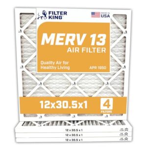 Filter King Filtro de ar 30 x 30,5 x 1 | Pacote com 4 | Filtros de forno A/C plissados MERV 13 HVAC | Feito nos EUA | Tamanho real: 30,5 x 30,5 x 1,90 cm