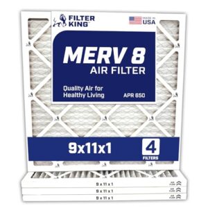 Filter King Filtro de ar 9 x 11 x 1 | Pacote com 4 | Filtros de forno A/C plissados MERV 8 HVAC | Feito nos EUA | Tamanho real: 22 x 28 x 1,90 cm