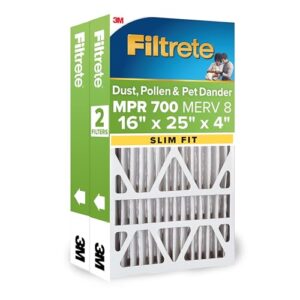 Filtrete Filtro de ar de forno CA Slim Fit 16 x 25 x 4, MPR 700, MERV 8, serve para transportadora, captura de poeira, pólen e redução de pelos de animais de estimação, pacote com 2 (tamanho real 39,4