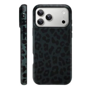 Fiyart Capa magnética para iPhone 17 Pro [compatível com MagSafe], linda moda preta estampa de leopardo capa protetora fosca para mulheres e meninas - preta