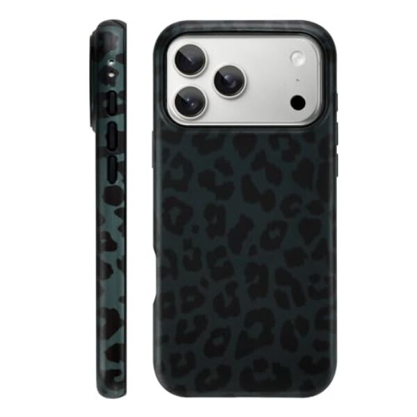 Fiyart Capa magnética para iPhone 17 Pro [compatível com MagSafe], linda moda preta estampa de leopardo capa protetora fosca para mulheres e meninas - preta
