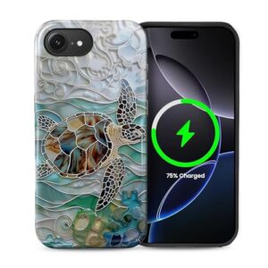 FKBRCL4U Capa para iPhone 16e, capa híbrida de silicone brilhante de 2 camadas para MagSafe para iPhone 16e com estampa de arte de janela de tartaruga marinha de vitral