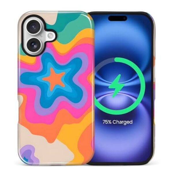 FKBRCL4U Capa para iPhone 17, capa híbrida de silicone brilhante de 2 camadas para MagSafe para iPhone 17 nuvens coloridas padrão de cinco estrelas
